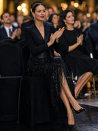 Black Women's Sequin Midi Dress with Satin Waistband & Fringe Detail — Elsie - Seated Event