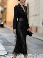 Black Women's Sequin Midi Dress with Satin Waistband & Fringe Detail — Elsie - Side Profile Street