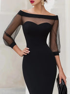 Black Women's Sheer Illusion Off-Shoulder Midi Dress with Sweetheart Neckline — Violetta - Close Up Neckline