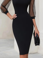 Black Women's Sheer Illusion Off-Shoulder Midi Dress with Sweetheart Neckline — Violetta - Waist Detail