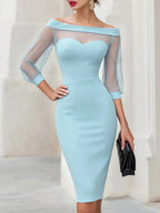 Blue Women's Sheer Illusion Off-Shoulder Midi Dress with Sweetheart Neckline — Violetta