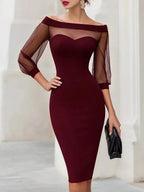 Burgundy Women's Sheer Illusion Off-Shoulder Midi Dress with Sweetheart Neckline — Violetta