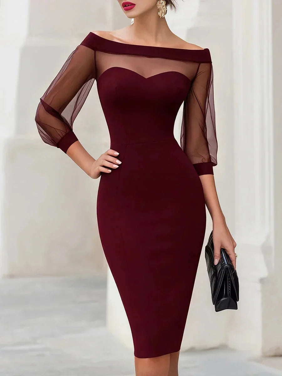 Burgundy Women's Sheer Illusion Off-Shoulder Midi Dress with Sweetheart Neckline — Violetta