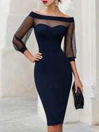 Navy Blue Women's Sheer Illusion Off-Shoulder Midi Dress with Sweetheart Neckline — Violetta