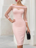 Pink Women's Sheer Illusion Off-Shoulder Midi Dress with Sweetheart Neckline — Violetta