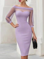 Purple Women's Sheer Illusion Off-Shoulder Midi Dress with Sweetheart Neckline — Violetta
