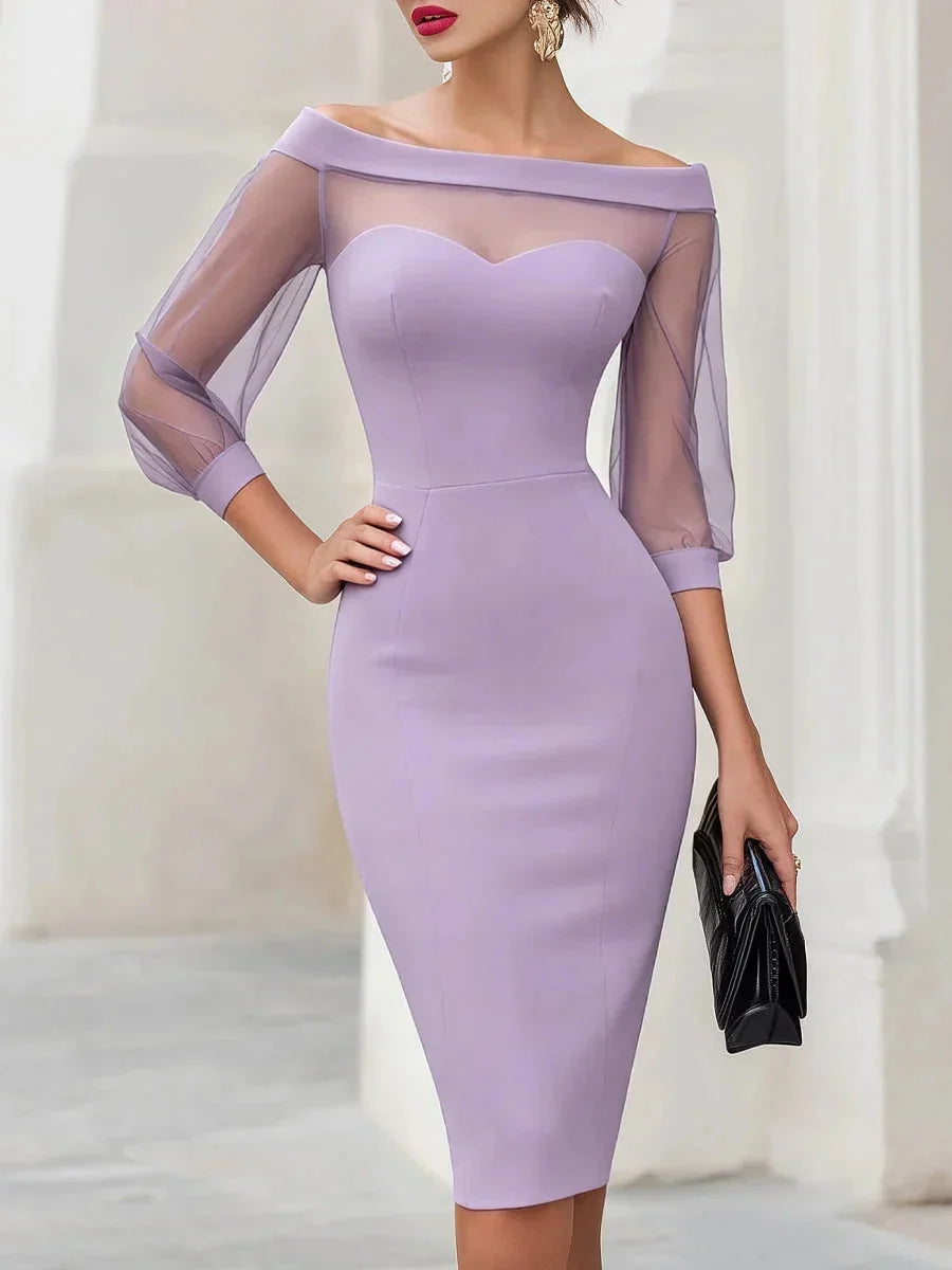 Purple Women's Sheer Illusion Off-Shoulder Midi Dress with Sweetheart Neckline — Violetta