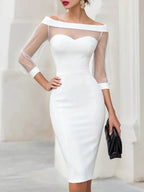 White Women's Sheer Illusion Off-Shoulder Midi Dress with Sweetheart Neckline — Violetta