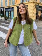 Green Women's Sherpa Fleece Vest with Snap-Button Front & Patch Pocket — Tahlia - Outdoor Lifestyle