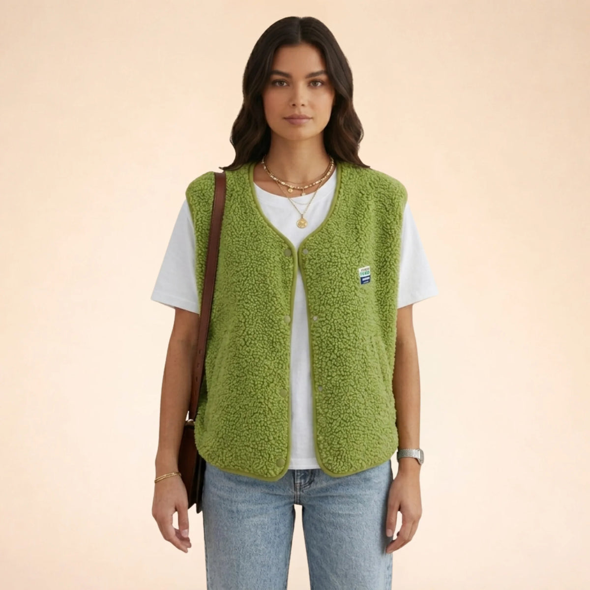 Green Women's Sherpa Fleece Vest with Snap-Button Front & Patch Pocket — Tahlia