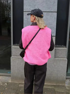 Pink Women's Sherpa Fleece Vest with Snap-Button Front & Patch Pocket — Tahlia - Back Detail