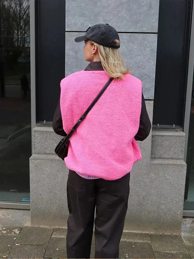 Pink Women's Sherpa Fleece Vest with Snap-Button Front & Patch Pocket — Tahlia - Back Detail