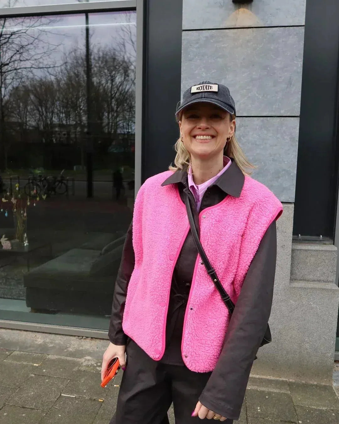 Pink Women's Sherpa Fleece Vest with Snap-Button Front & Patch Pocket — Tahlia - Worn Street Style