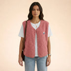 Pink Women's Sherpa Fleece Vest with Snap-Button Front & Patch Pocket