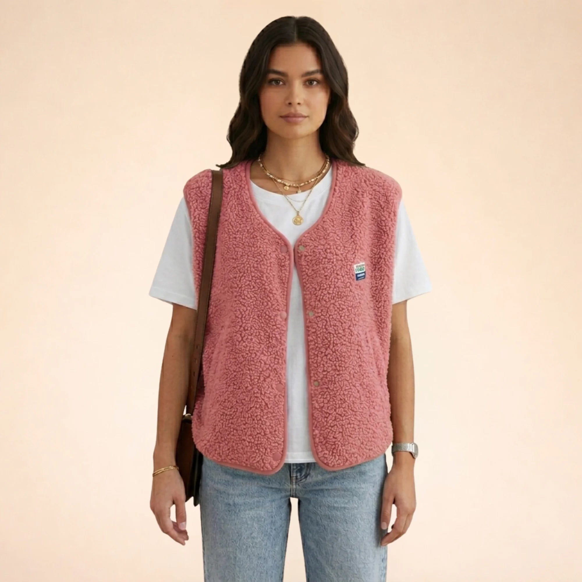 Pink Women's Sherpa Fleece Vest with Snap-Button Front & Patch Pocket