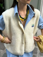 White Women's Sherpa Fleece Vest with Snap-Button Front & Patch Pocket — Tahlia - Close Up Front Detail