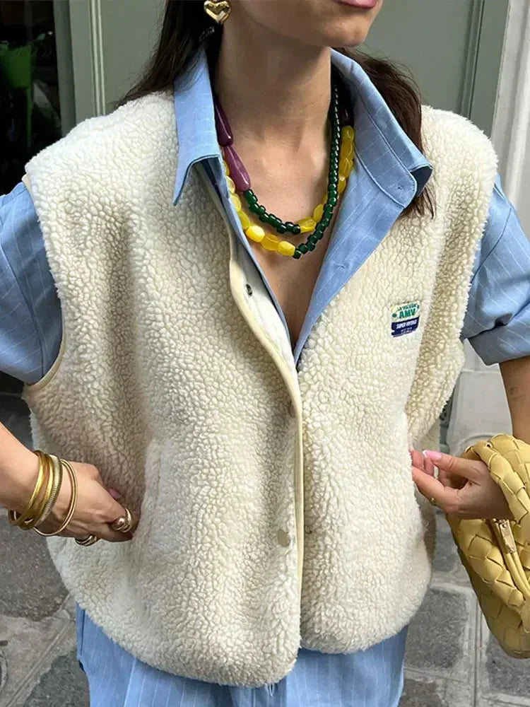 White Women's Sherpa Fleece Vest with Snap-Button Front & Patch Pocket — Tahlia - Close Up Front Detail