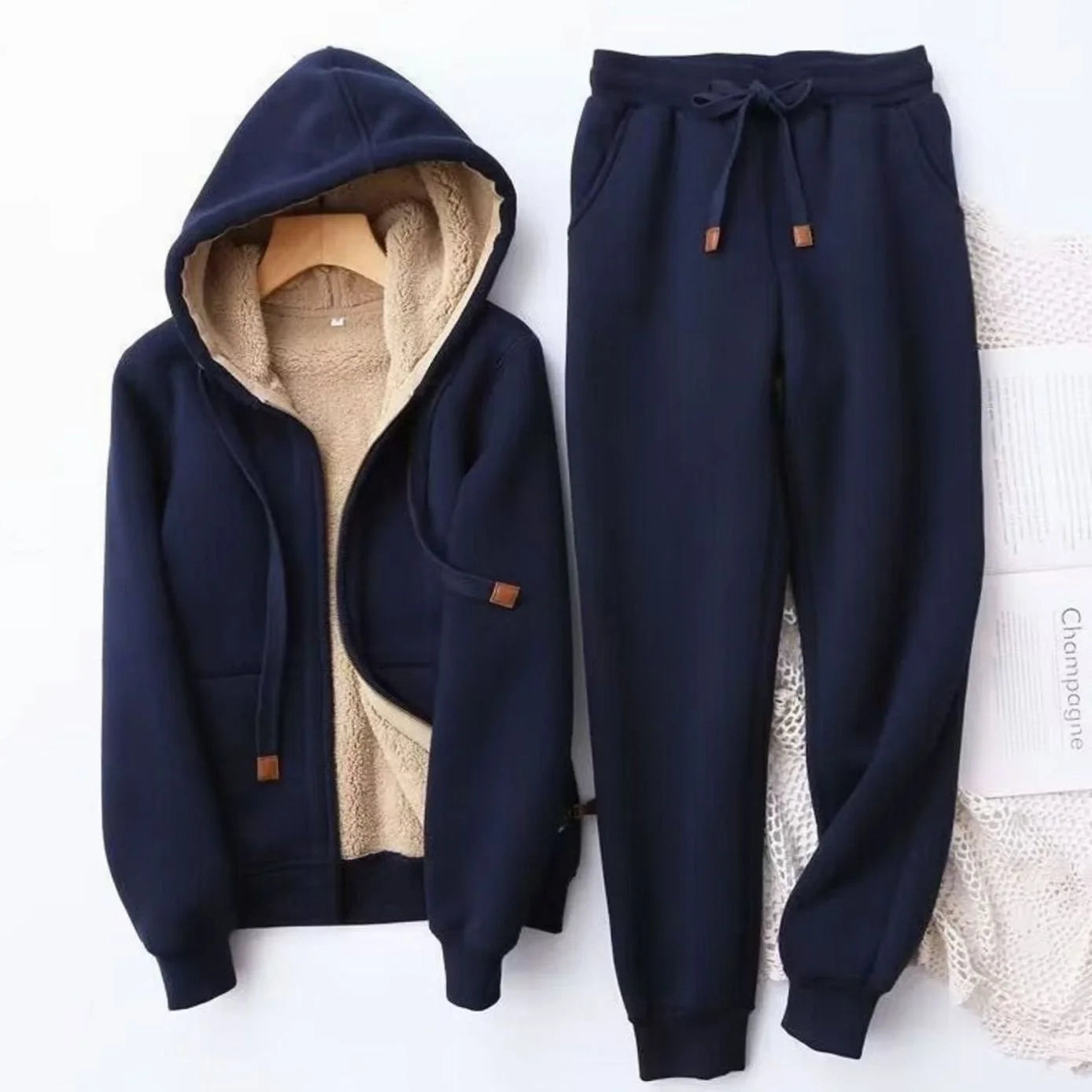 Blue Women's Sherpa Hoodie Set with Zip-Up Front & Jogger Pants