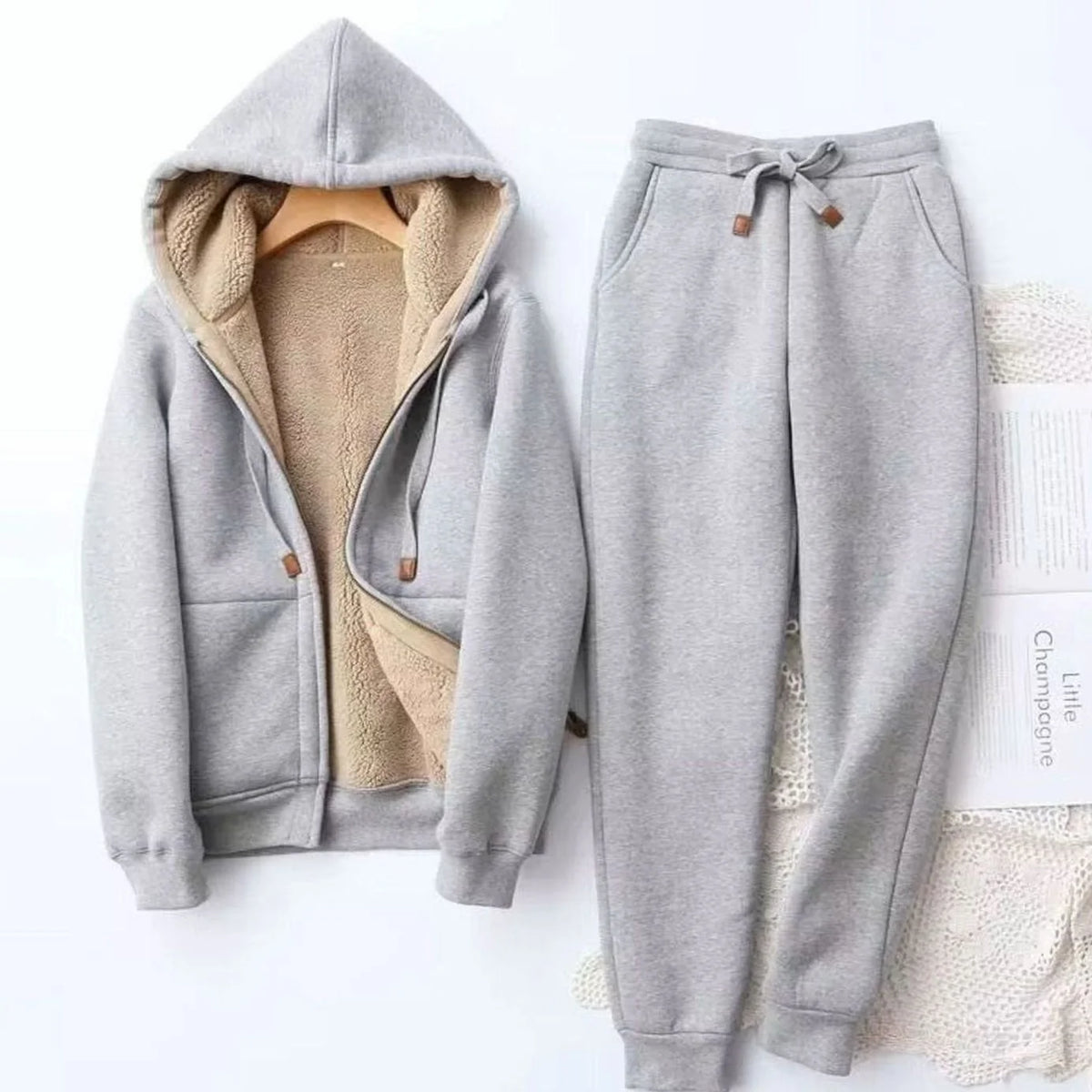 Grey Women's Sherpa Hoodie Set with Zip-Up Front & Jogger Pants