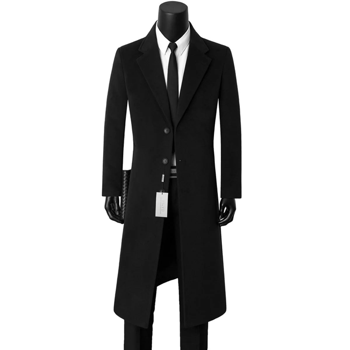 Black Men's Single-Breasted Long Coat with Notched Lapel — Griffin - Front Close
