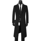 Black Men's Single-Breasted Long Coat with Notched Lapel — Griffin