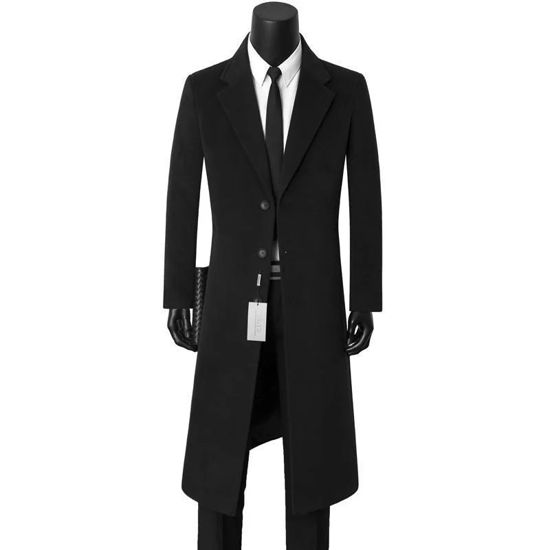 Black Men's Single-Breasted Long Coat with Notched Lapel — Griffin