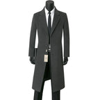 Dark Gray Men's Single-Breasted Long Coat with Notched Lapel — Griffin - Front Full Charcoal Alt