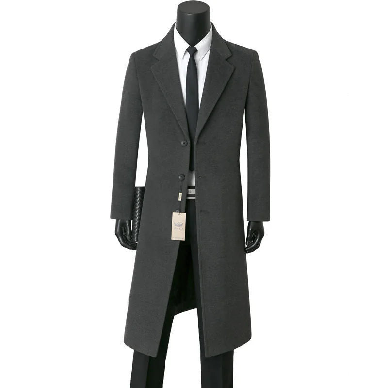 Dark Gray Men's Single-Breasted Long Coat with Notched Lapel — Griffin - Front Full Charcoal Alt