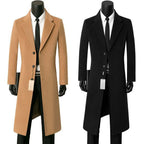 Khaki Men's Single-Breasted Long Coat with Notched Lapel — Griffin - Front Full Duo