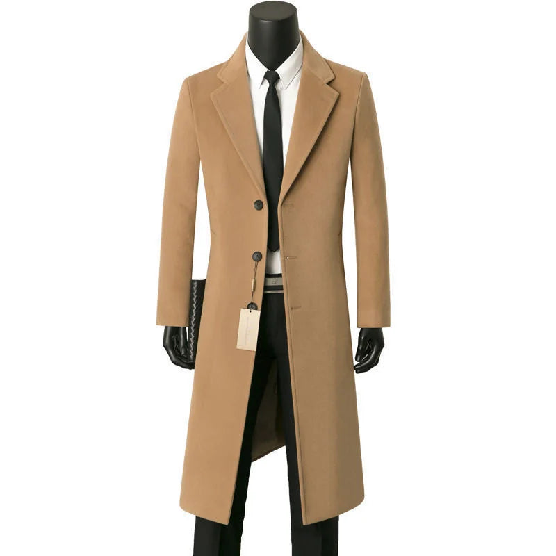 Khaki Men's Single-Breasted Long Coat with Notched Lapel