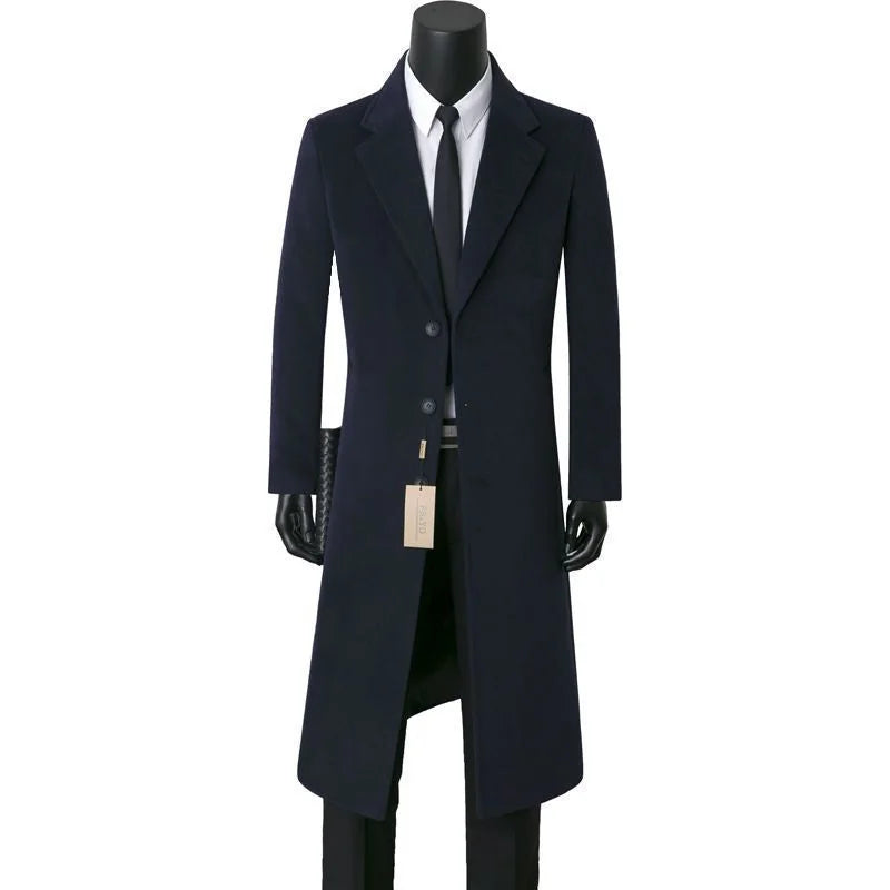 Navy Blue Men's Single-Breasted Long Coat with Notched Lapel - Front Full