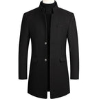 Black Men's Single-Breasted Wool Overcoat with Stand Collar