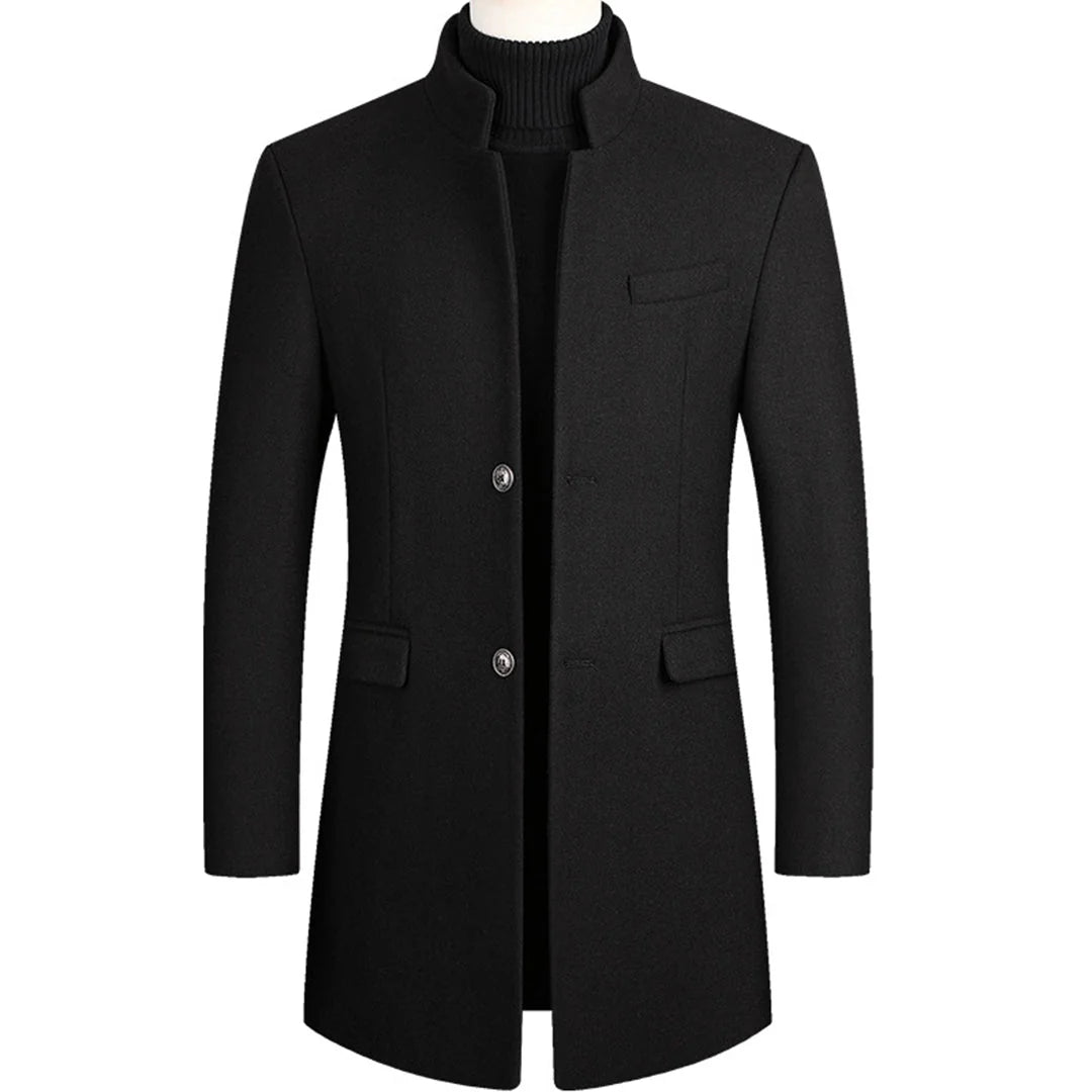 Black Men's Single-Breasted Wool Overcoat with Stand Collar