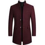 Burgundy Men's Single-Breasted Wool Overcoat with Stand Collar