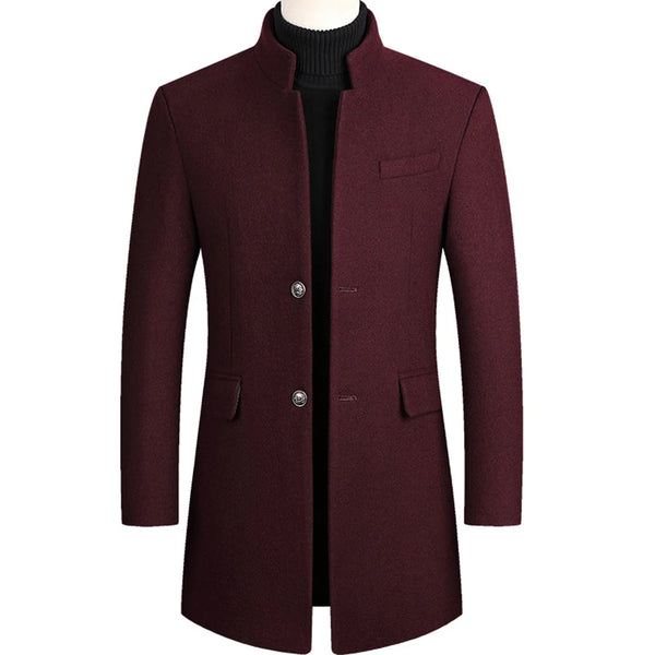 Men's Single-Breasted Wool Overcoat with Stand Collar — Benedict