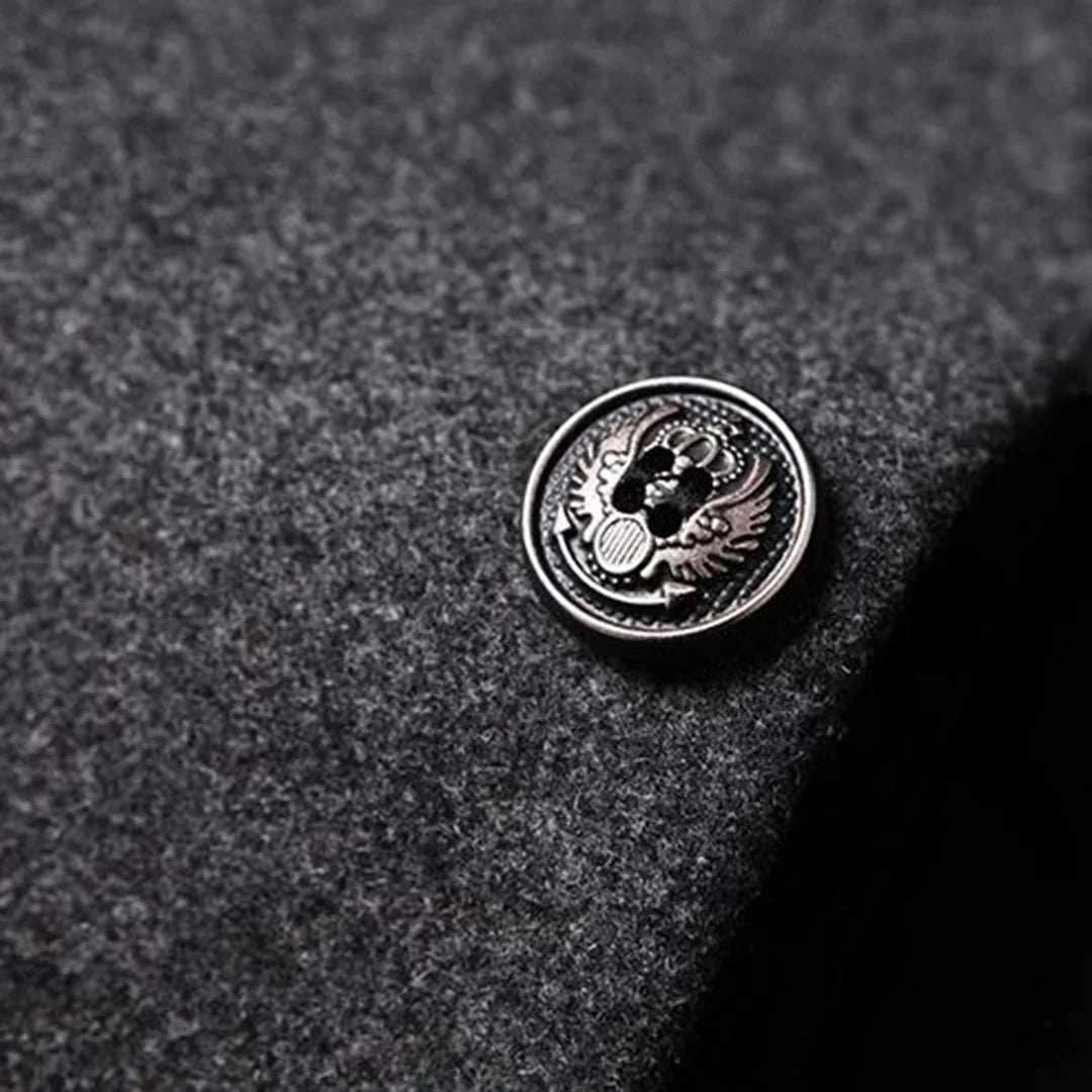 Men's Single-Breasted Wool Overcoat with Stand Collar - Button Close Up