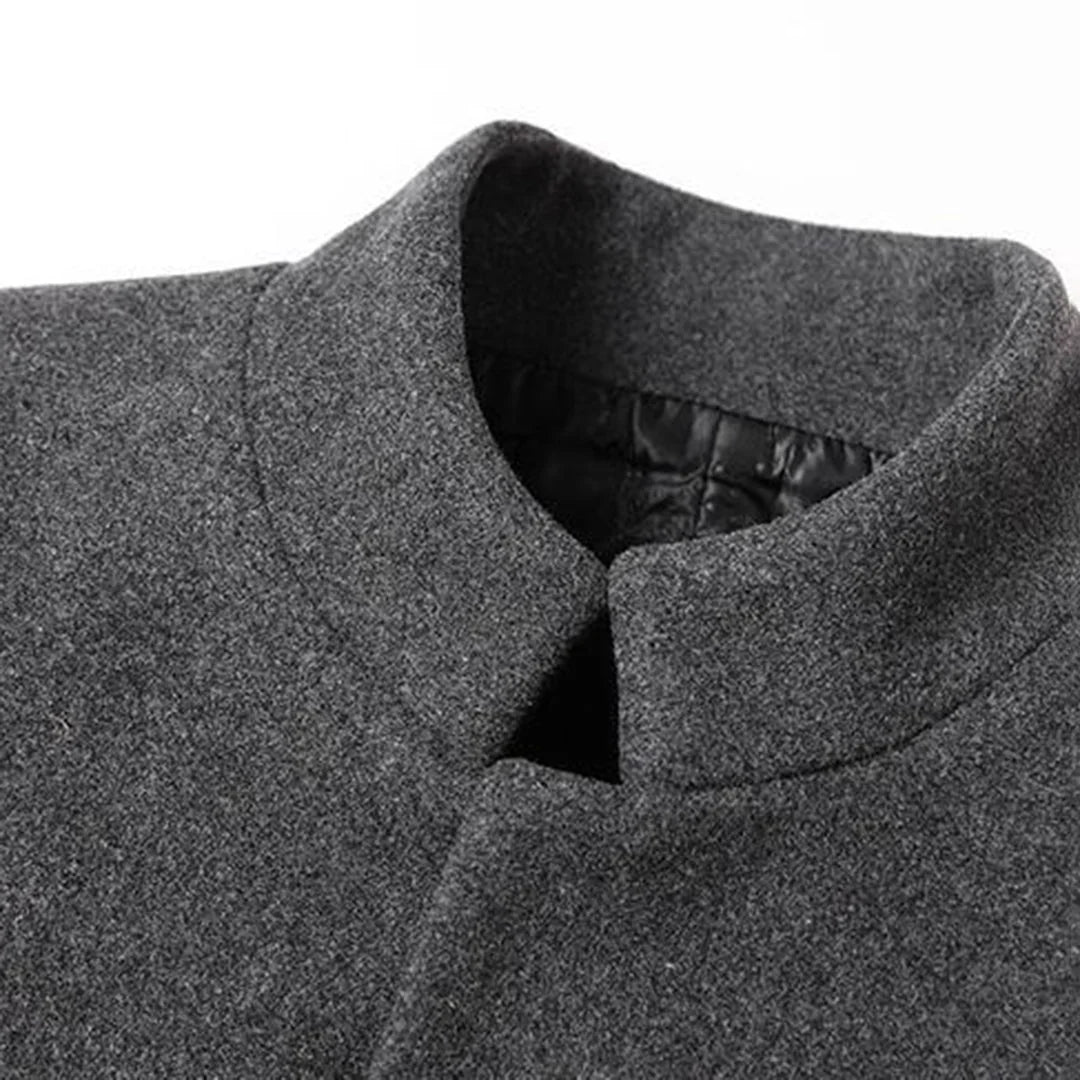 Men's Single-Breasted Wool Overcoat with Stand Collar - Collar Close Up