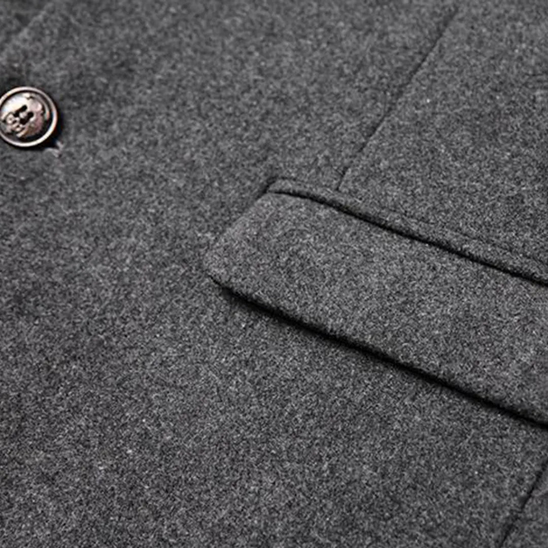 Men's Single-Breasted Wool Overcoat with Stand Collar - Pocket Close Up