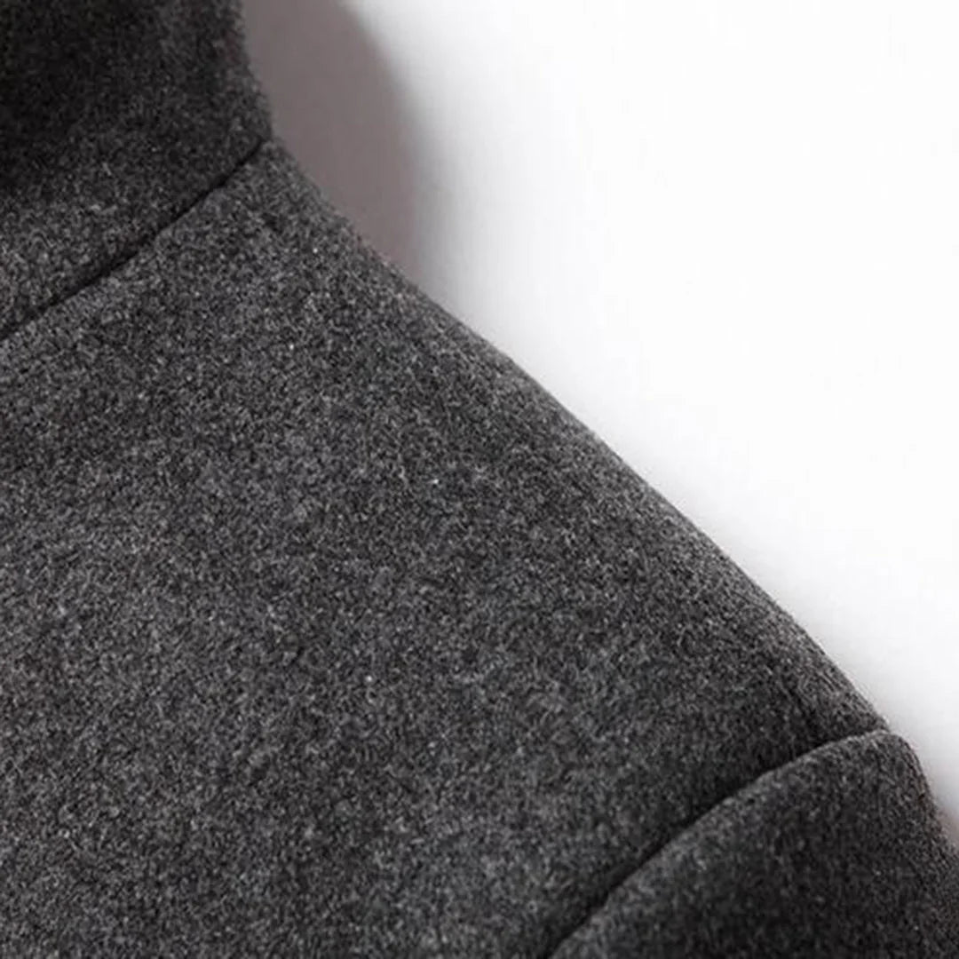 Men's Single-Breasted Wool Overcoat with Stand Collar - Shoulder Seam Close Up