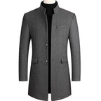 Grey Men's Single-Breasted Wool Overcoat with Stand Collar