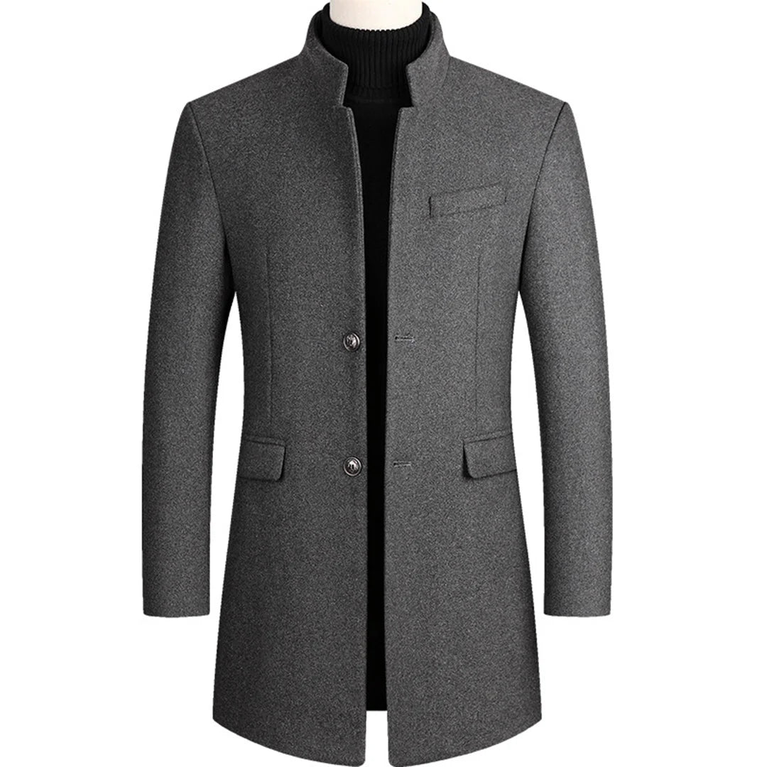 Grey Men's Single-Breasted Wool Overcoat with Stand Collar