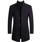 Navy Men's Single-Breasted Wool Overcoat with Stand Collar