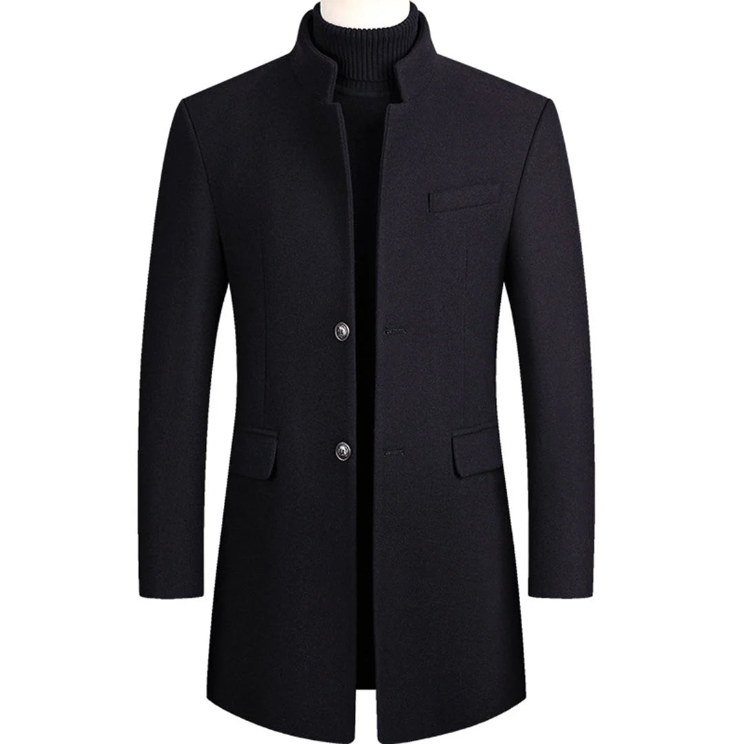 Navy Men's Single-Breasted Wool Overcoat with Stand Collar