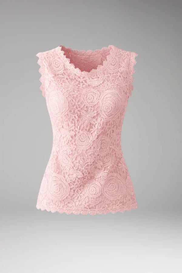 Pink Women's Sleeveless Lace Blouse with Scalloped Neckline & Pattern — Valerie - Front Flat