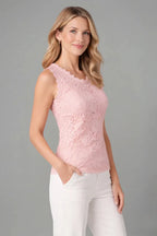 Pink Women's Sleeveless Lace Blouse with Scalloped Neckline & Pattern — Valerie - Side Closeup