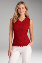 Red Women's Sleeveless Lace Blouse with Scalloped Neckline & Pattern — Valerie