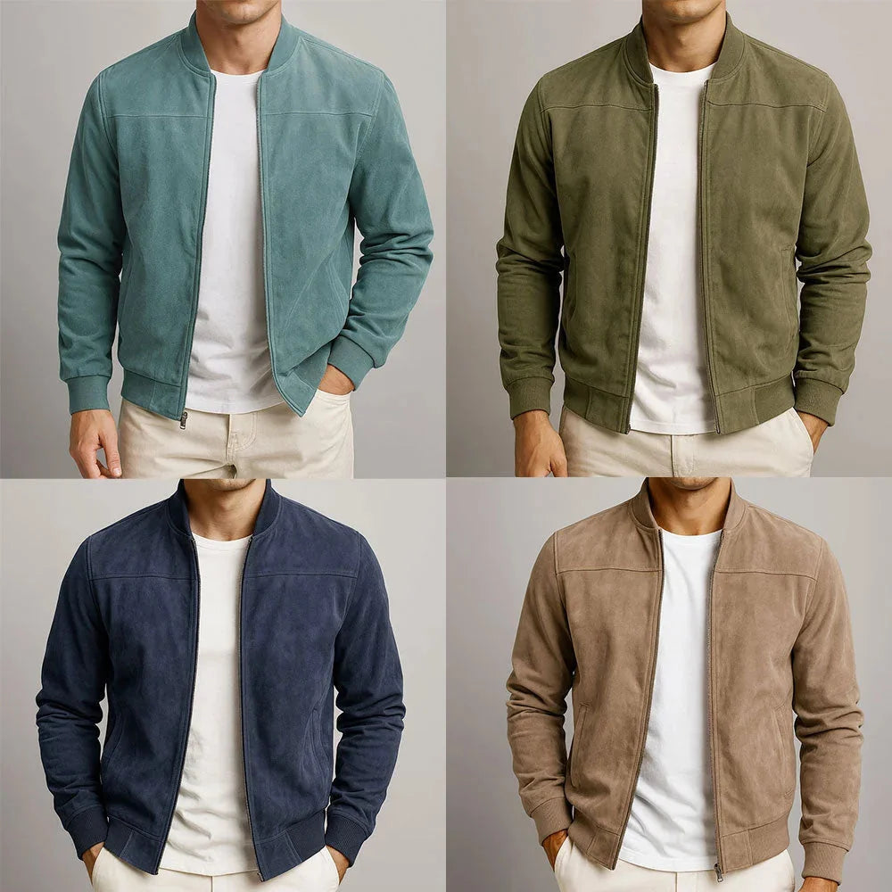 Blue Men's Slim Fit Bomber Jacket in Suede with Ribbed Cuffs — Felix - Color Swatch Grid
