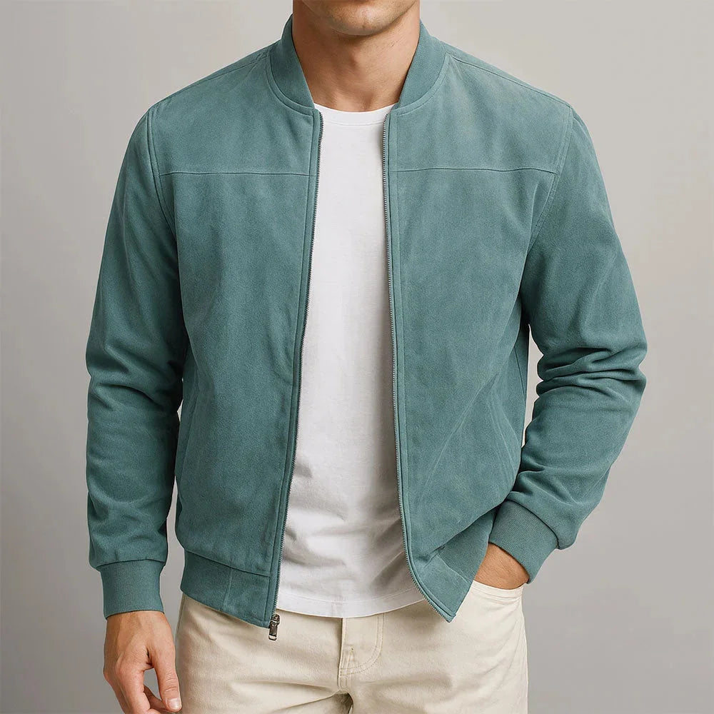 Blue Men's Slim Fit Bomber Jacket in Suede with Ribbed Cuffs