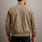 Brown Men's Slim Fit Bomber Jacket in Suede with Ribbed Cuffs — Felix - Back Full