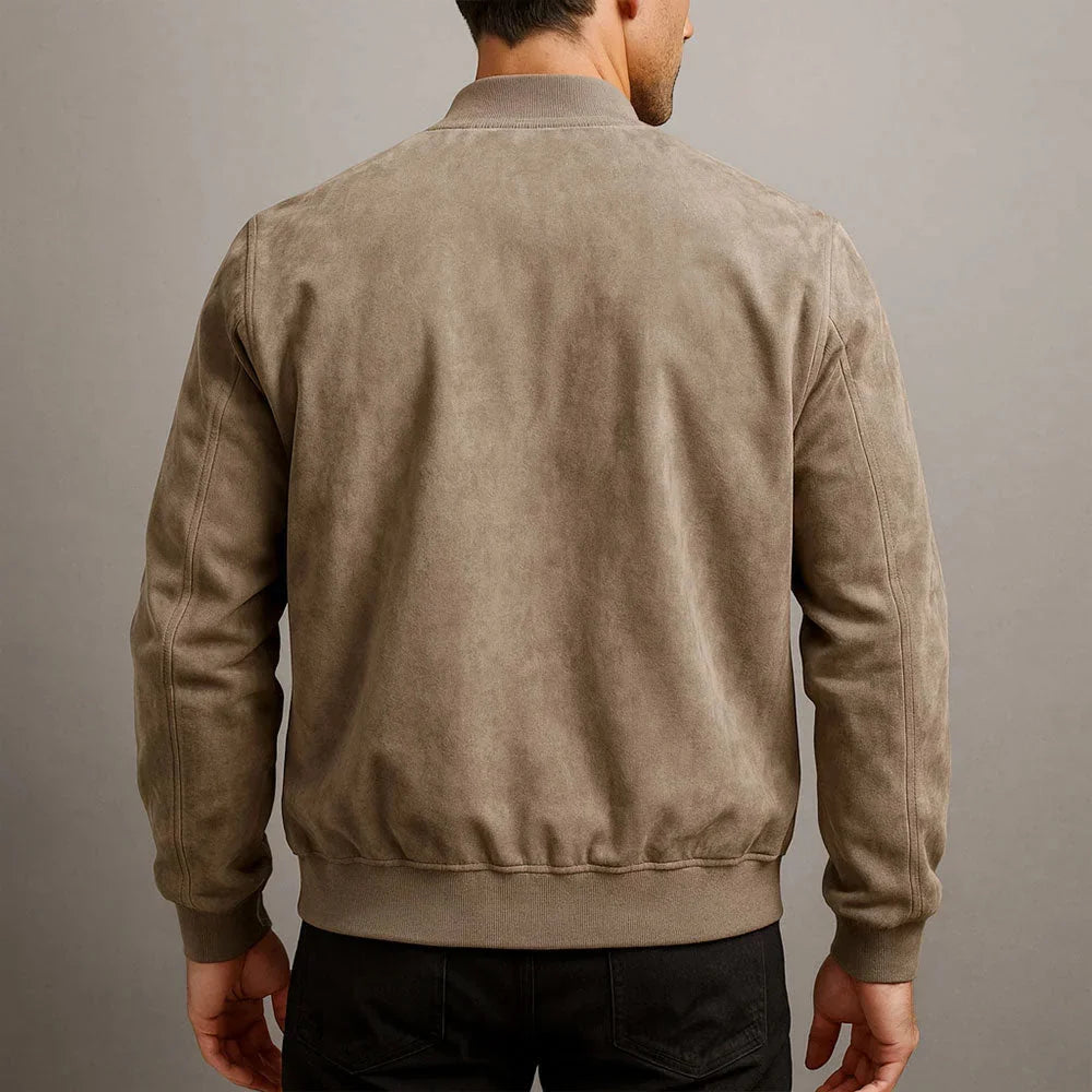Brown Men's Slim Fit Bomber Jacket in Suede with Ribbed Cuffs — Felix - Back Full